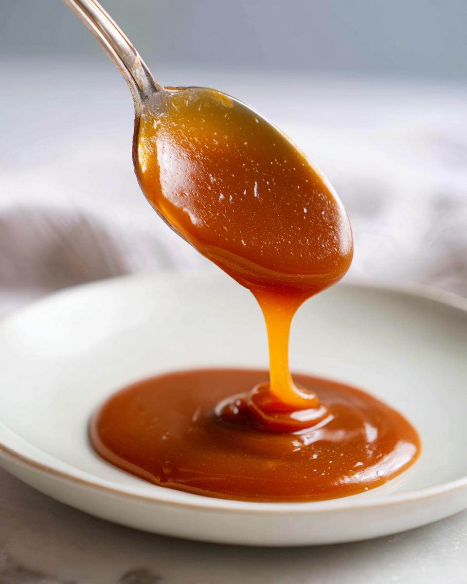 A spoonful of thick, glossy salted caramel sauce dripping onto a white plate, showing its perfect consistency.