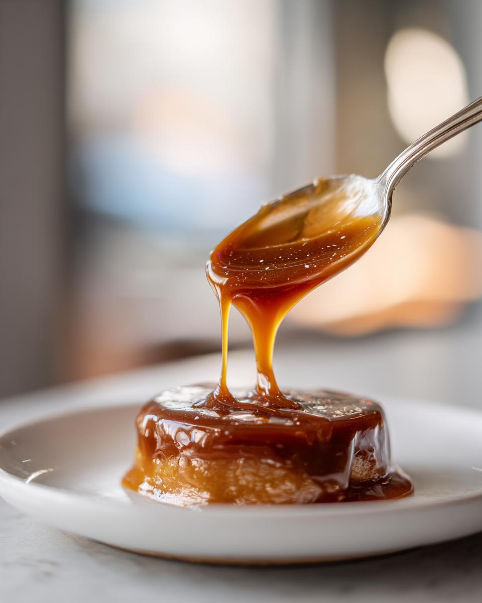 A spoonful of thick, glossy salted caramel sauce is being poured over a small cake or pudding on a white plate.