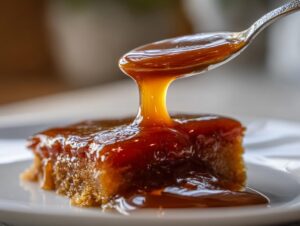 A spoonful of thick, glossy salted caramel sauce being poured over a square piece of cake.