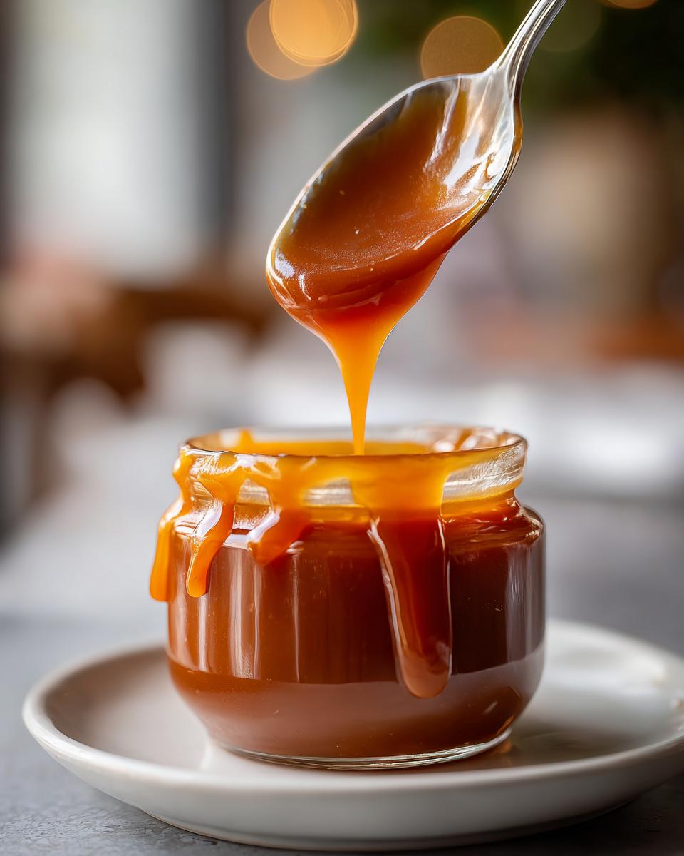 A spoonful of thick, glossy salted caramel sauce is being poured into a small glass jar, dripping down the sides.