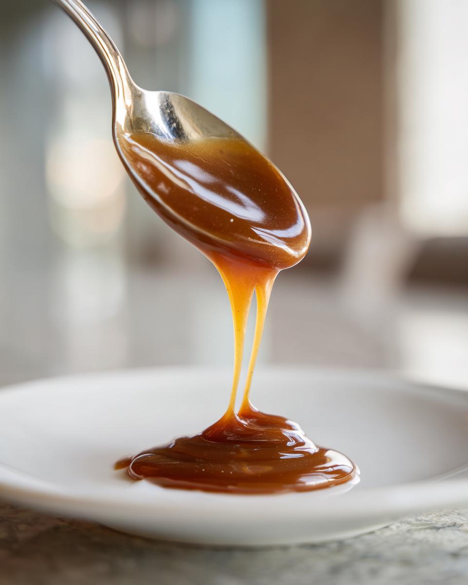 Close-up of thick, glossy salted caramel sauce dripping from a silver spoon onto a white plate.