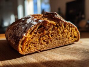 Close-up of a freshly cut pumpkin sourdough loaf showing its deep orange crumb and dusting of flour.