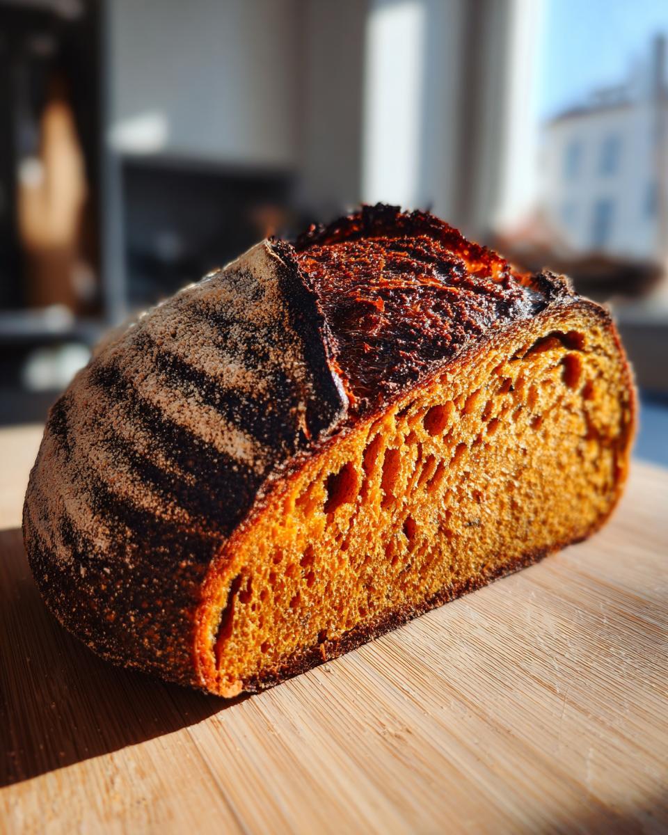 A close-up of a freshly baked pumpkin sourdough loaf, showing the dark, caramelized crust and the vibrant orange, open crumb structure.