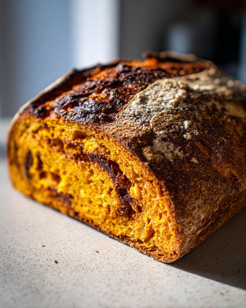 A close-up shot highlighting the dark, crusty top and vibrant orange crumb of the finished pumpkin sourdough loaf.