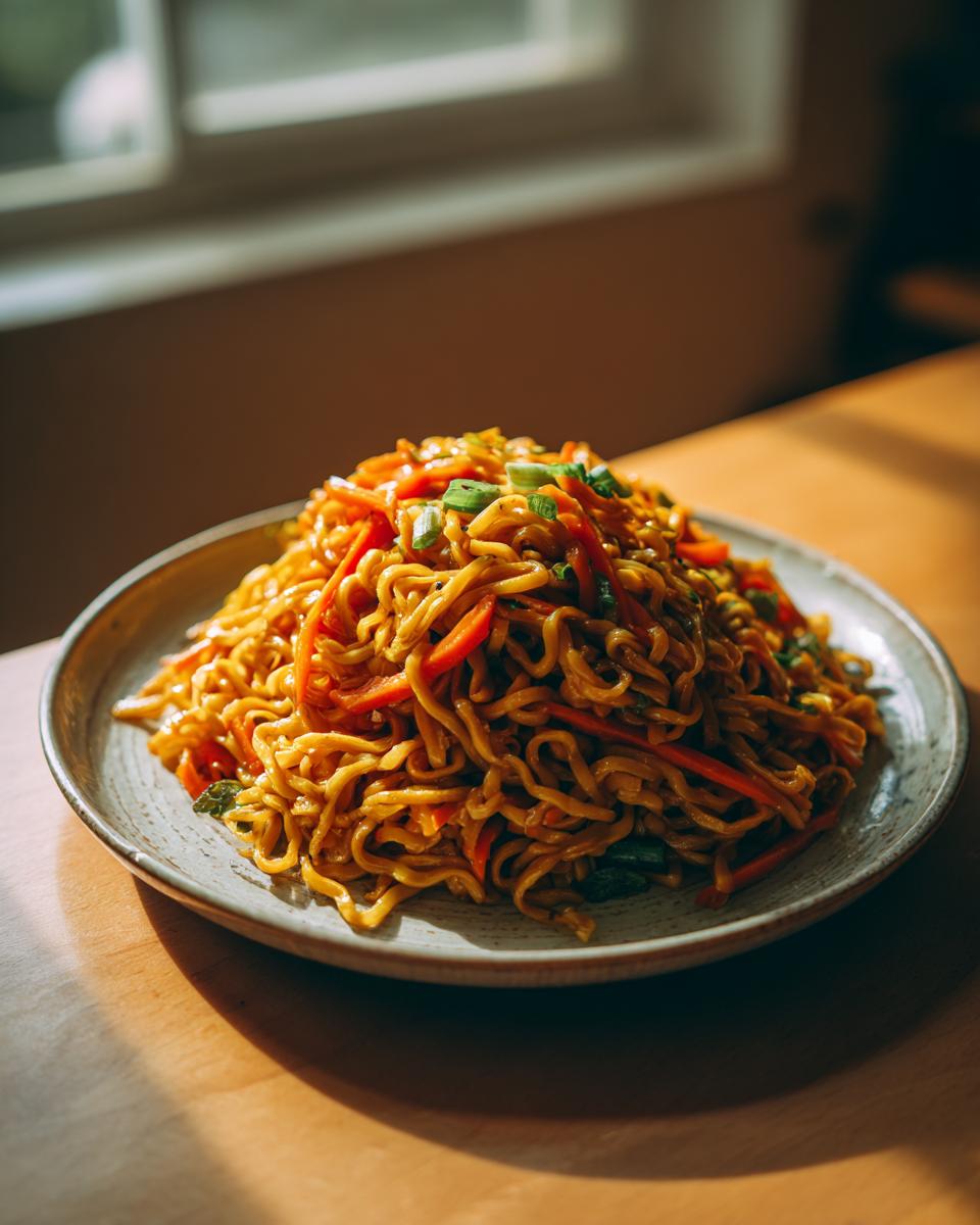 A close-up of a generous serving of savory fried noodles mixed with sliced carrots and topped with green onions.
