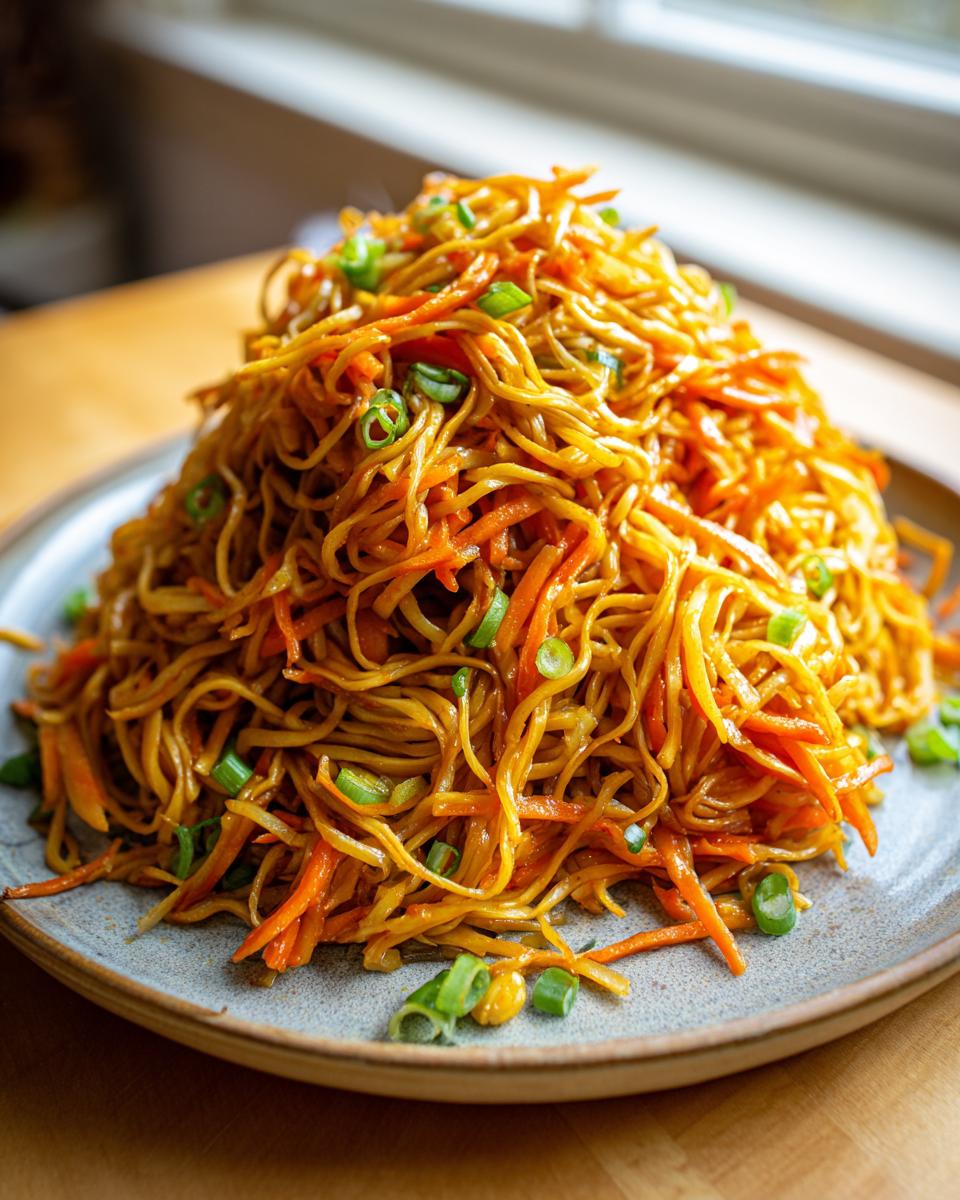 A tall mound of glossy, saucy fried noodles mixed with shredded carrots and topped with green onions.