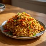A generous mound of golden brown fried noodles mixed with shredded carrots and topped with green onions.