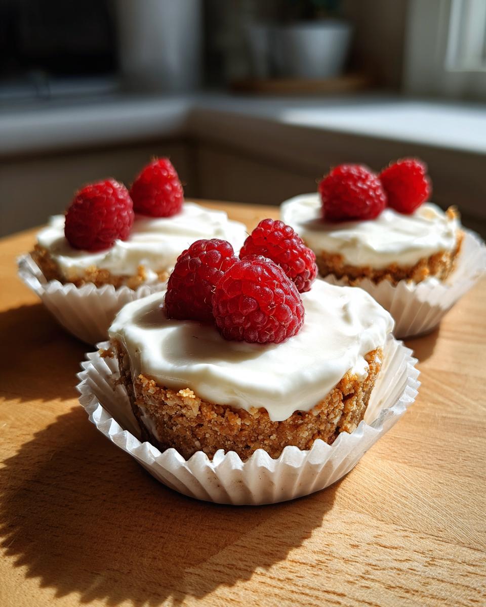 Three delicious mini cheesecake treats topped with white cream cheese frosting and fresh raspberries.