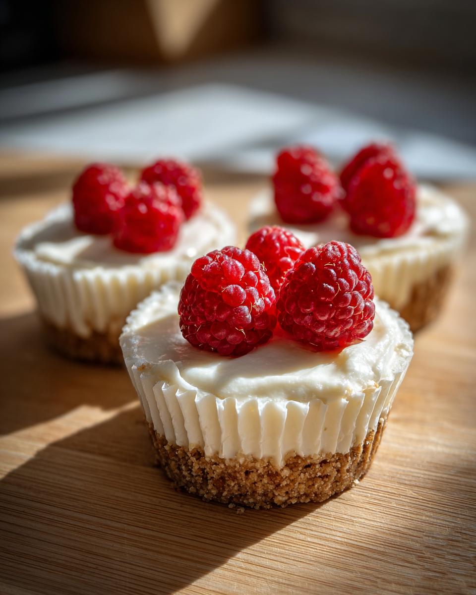 Close-up of a single mini cheesecake topped with fresh raspberries, sitting on a wooden board.