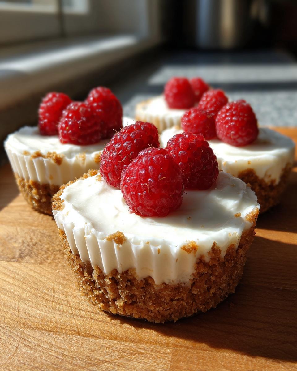 Three individual mini cheesecake bites with graham cracker crusts topped with white cream cheese filling and fresh raspberries.
