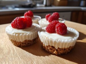 Close-up of four individual mini cheesecake desserts topped with fresh red raspberries, sitting on a wooden surface.