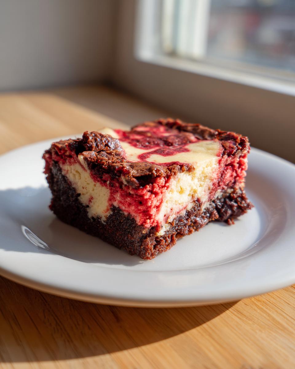 A single, rich slice of red velvet cheesecake brownies featuring a dark chocolate base and a bright red and cream cheese swirl topping.