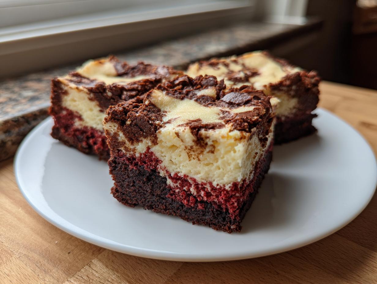 Three squares of rich red velvet cheesecake brownies with swirled topping served on a white plate.