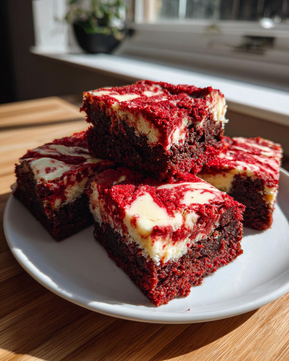 Four rich, dark red velvet cheesecake brownies stacked slightly on a white plate, showing the marbled topping.