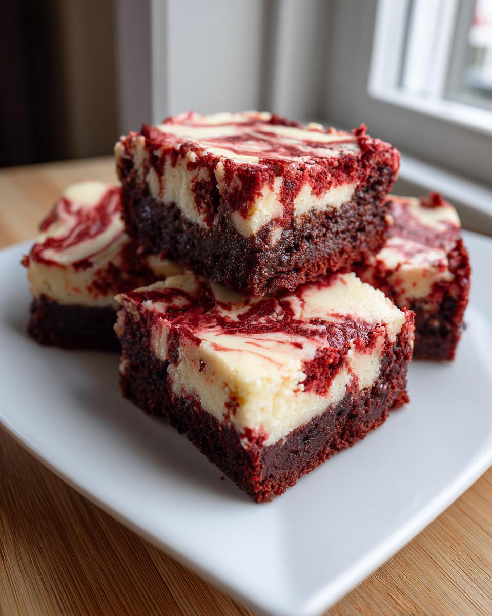 A stack of four rich red velvet cheesecake brownies with marbled cream cheese topping.