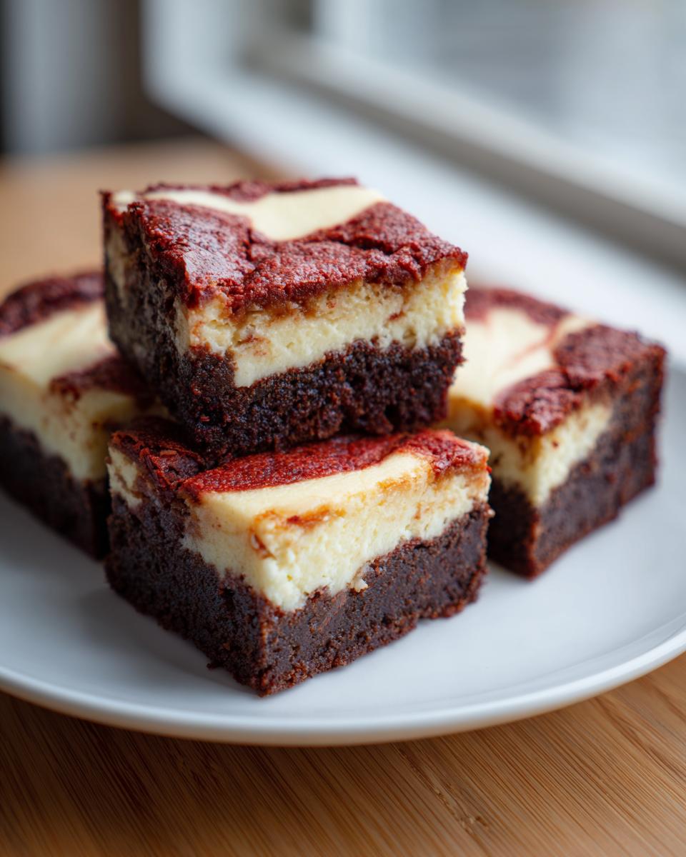 Four decadent red velvet cheesecake brownies stacked and arranged on a white plate, showing distinct layers.