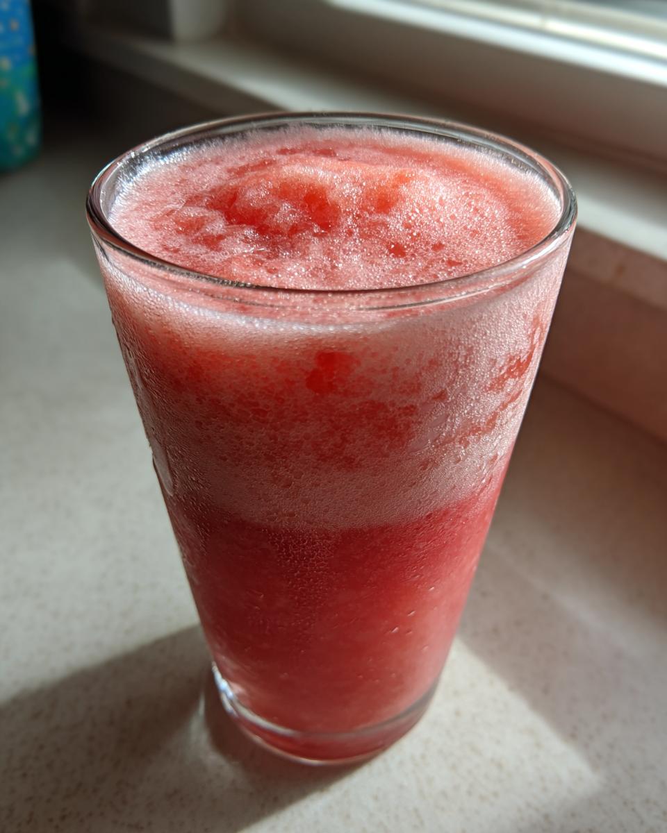 Close-up of a frosty, bright pink watermelon smoothie filling a clear glass, showing icy texture.