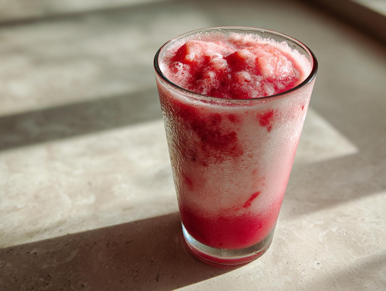 A tall, frosty glass filled with a bright red, icy watermelon smoothie, sitting on a light countertop with strong shadows.