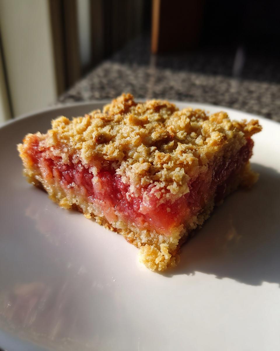 A square slice of homemade rhubarb crisp with a thick, bright pink rhubarb filling and a golden, crumbly topping, served on a white plate.