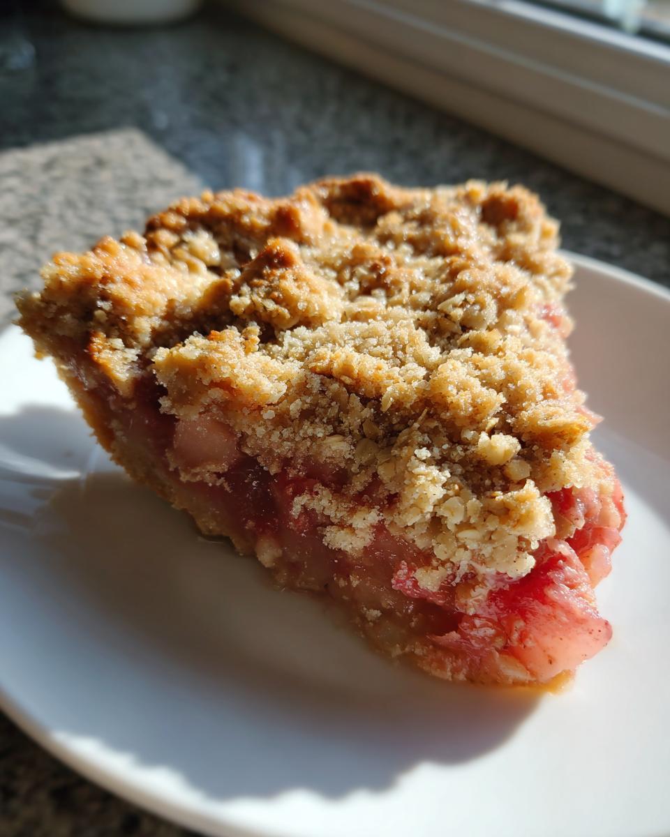 A close-up slice of amazing rhubarb crisp showing the pink fruit filling and crunchy oat topping on a white plate.