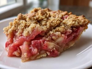 A close-up, mouth-watering slice of rhubarb crisp showing bright pink rhubarb filling and a golden, crumbly oat topping.