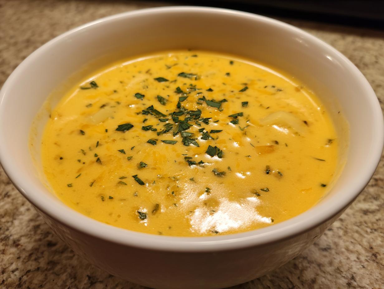 Close-up of a white bowl filled with rich, orange-yellow cheese soup, garnished with chopped parsley.