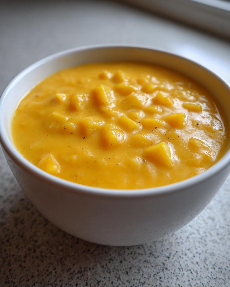Close-up of a creamy, vibrant orange cheese soup with visible chunks of melted cheese or vegetable pieces.
