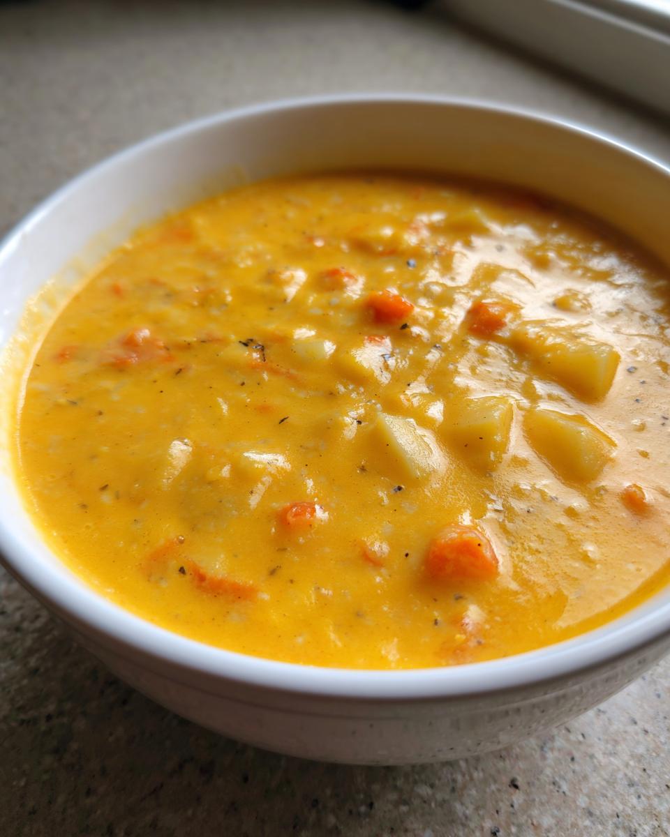 Close-up of a bowl of thick, orange cheese soup filled with chunks of potato and diced carrots.