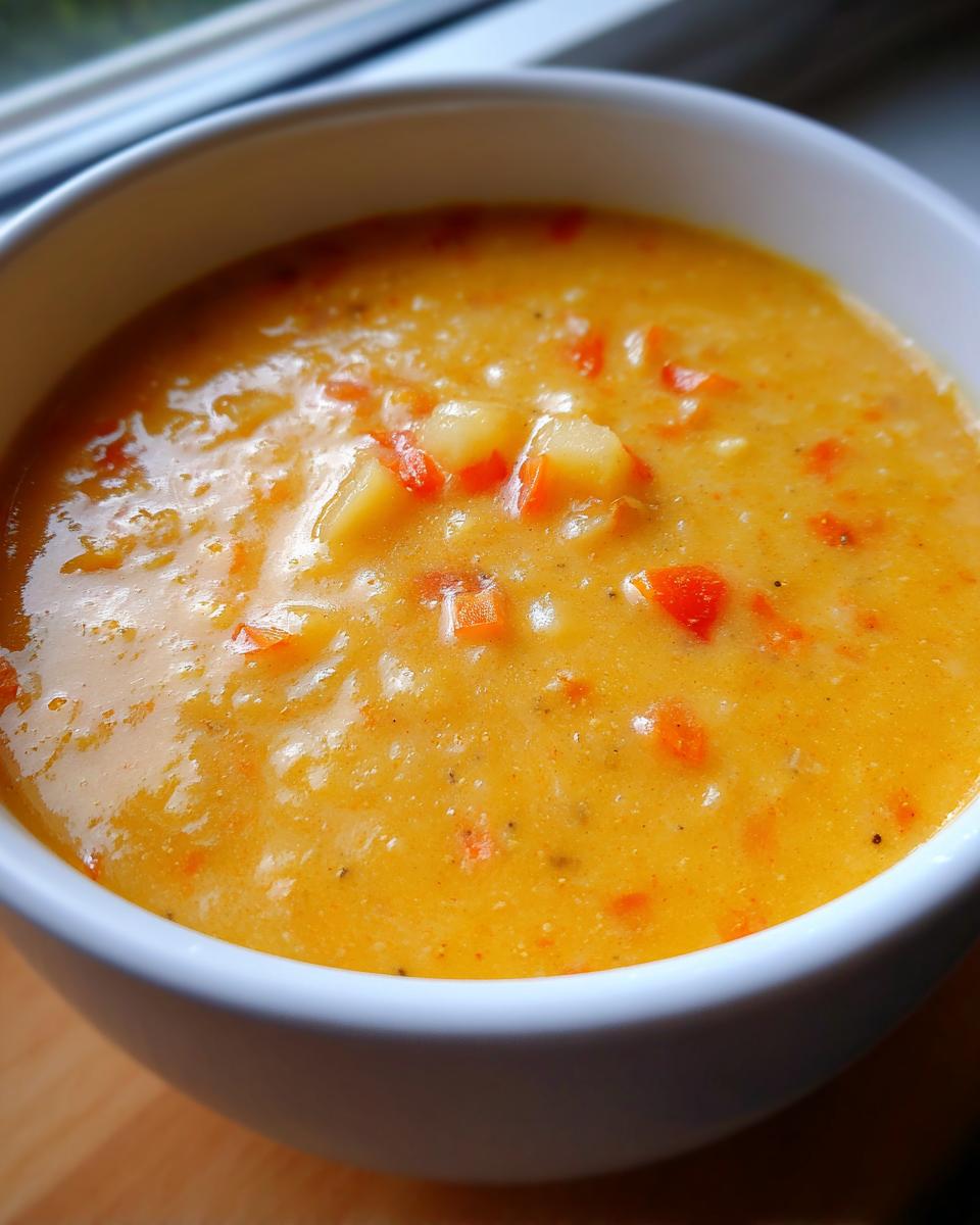 Close-up of a bowl of rich, orange cheese soup with visible chunks of carrots and potatoes.