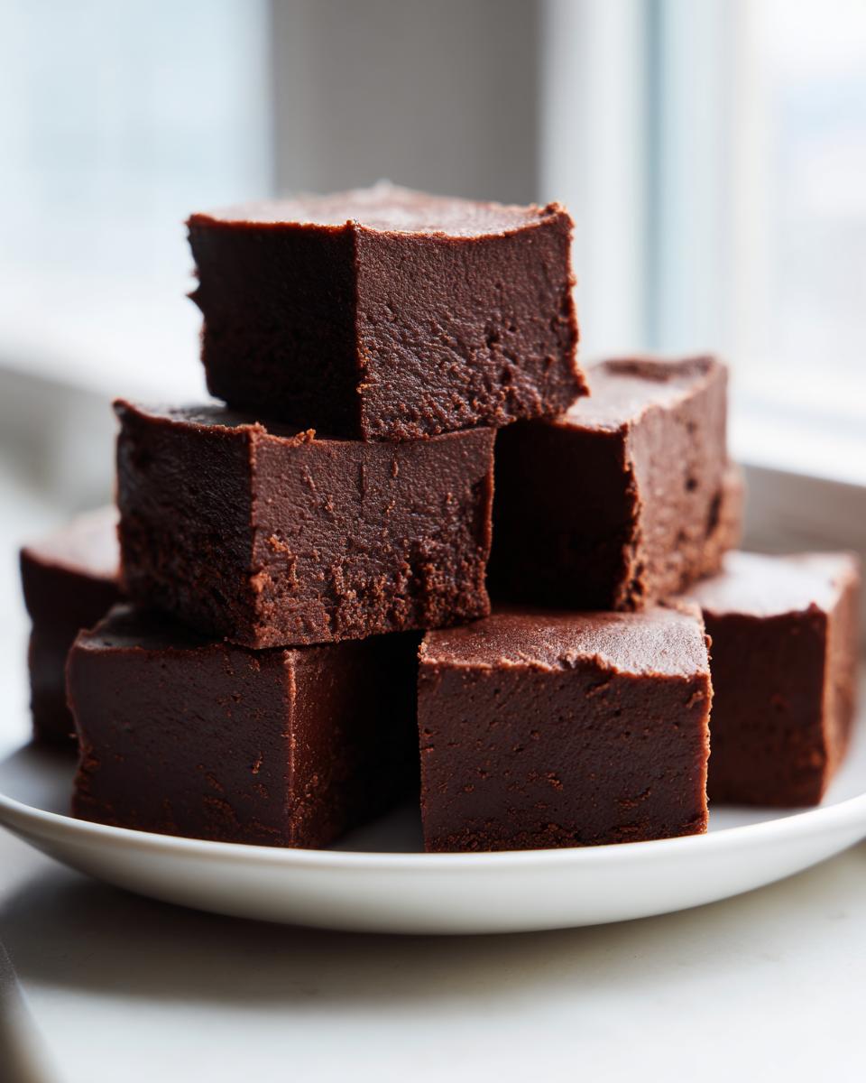 A stack of rich, dark chocolate fudge squares piled high on a white plate, showcasing the smooth texture of the fudge.