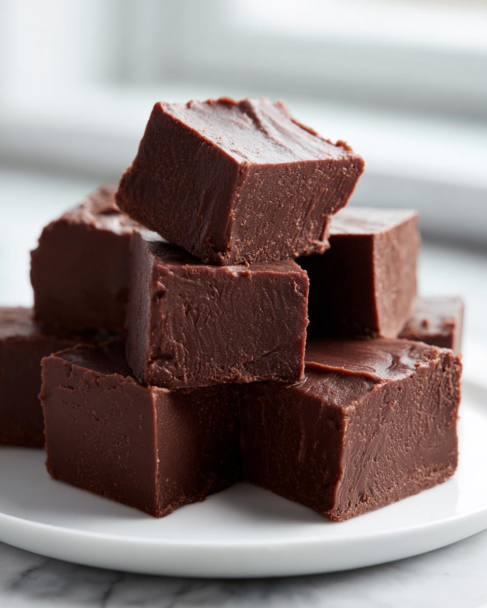 A stack of rich, dark chocolate fudge squares piled high on a white plate.