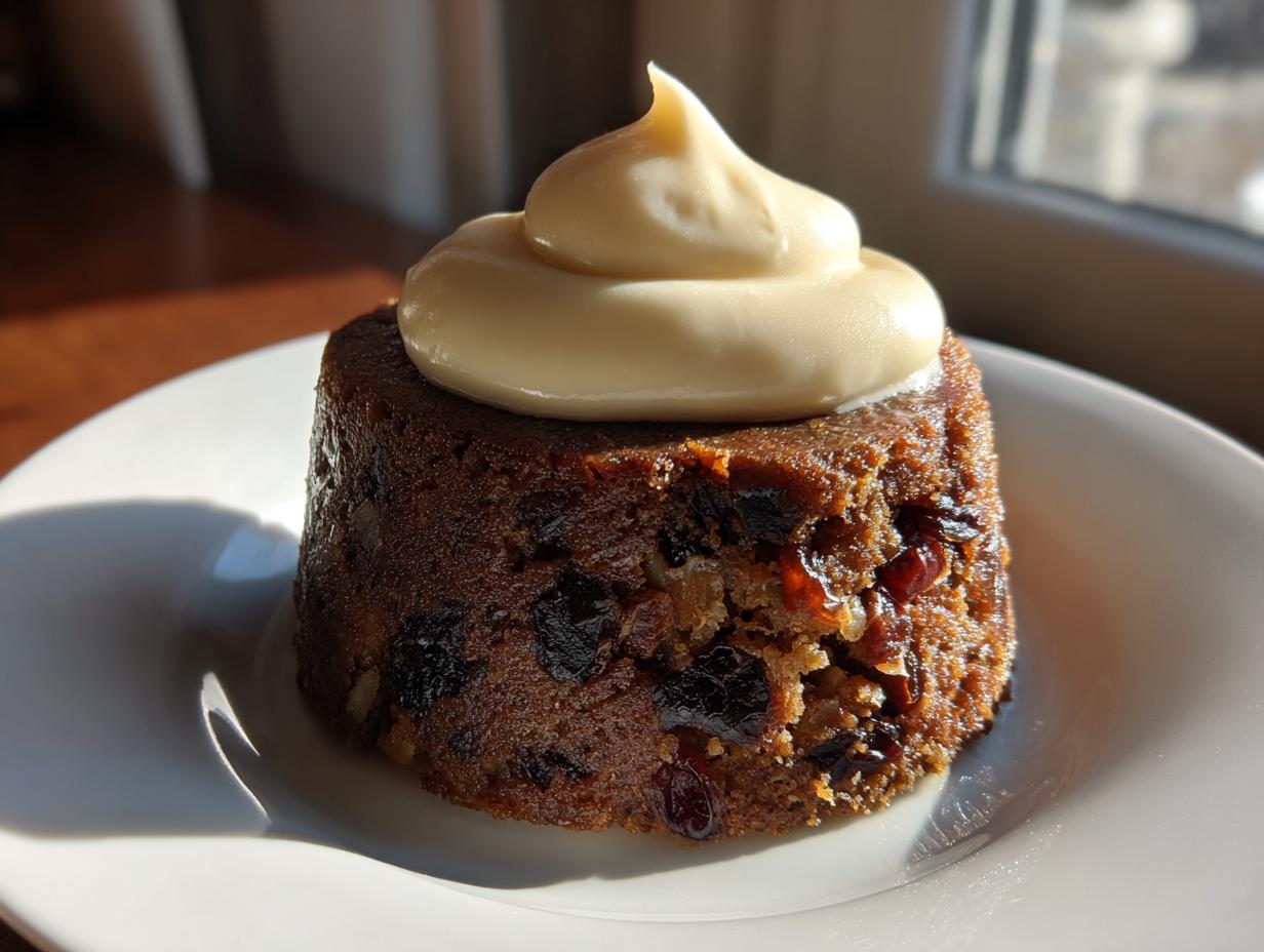 Close-up of a rich, dark individual plum pudding topped with a swirl of creamy sauce, served on a white plate.