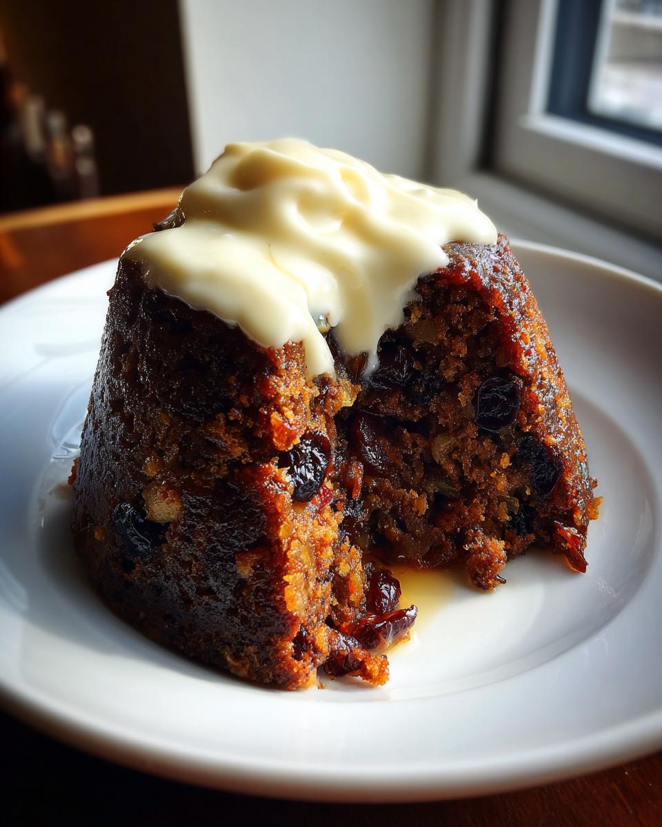 A rich, dark plum pudding cut open, topped with thick vanilla cream sauce, served on a white plate.