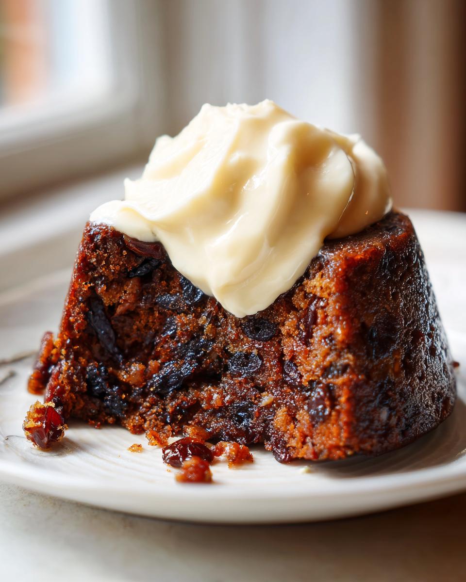 A close-up of a rich, dark slice of plum pudding topped with a generous dollop of creamy sauce.