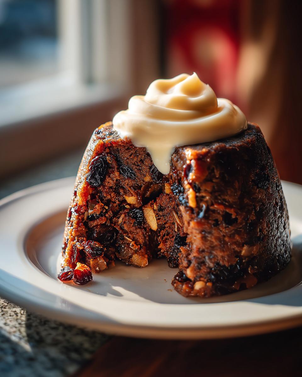 A rich, dark plum pudding with a slice taken out, topped with a swirl of creamy sauce.