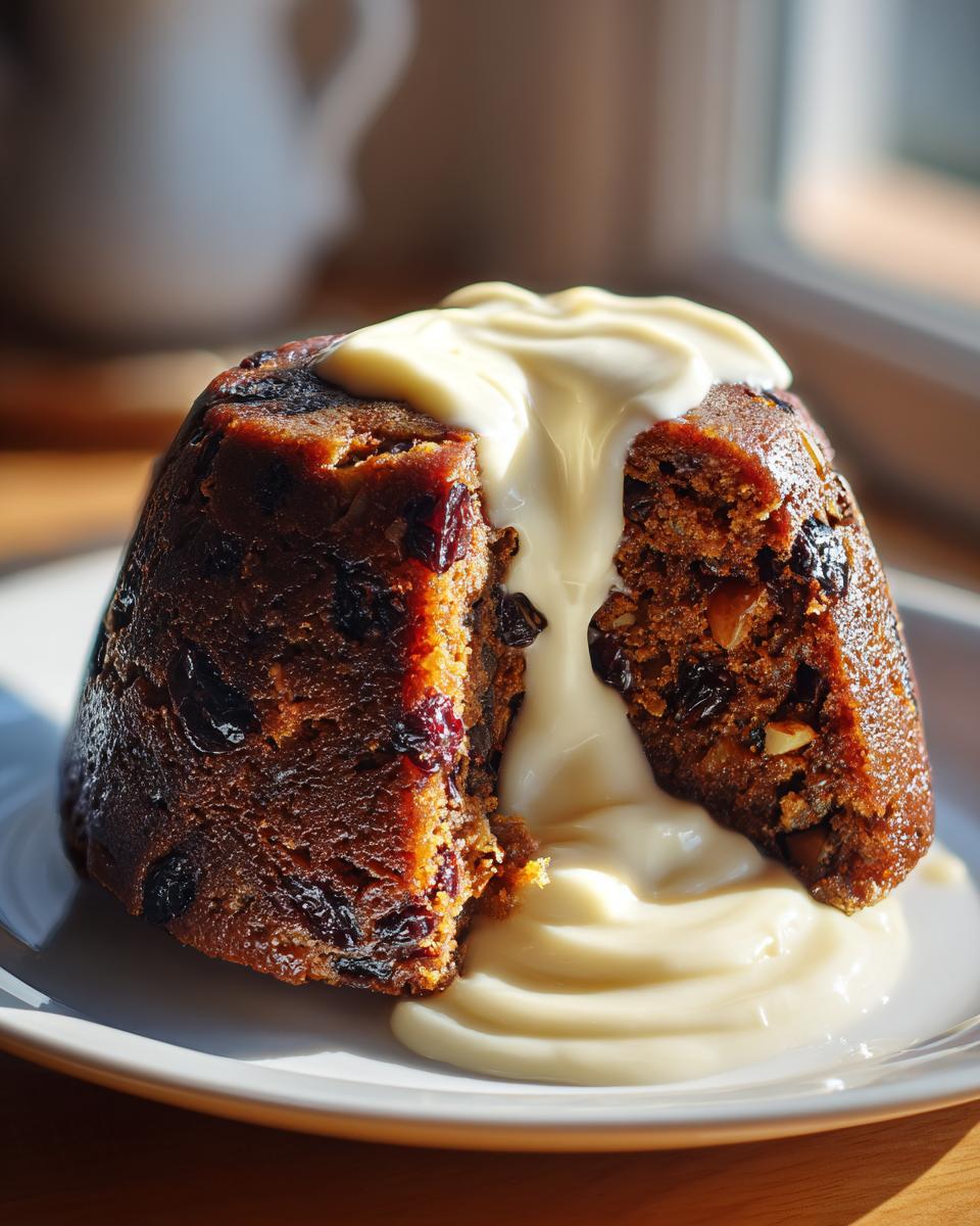 A rich, dark plum pudding cut in half and generously topped with flowing vanilla cream sauce.