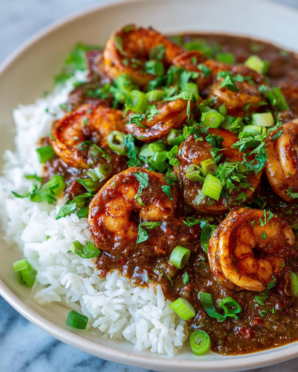 Close-up of rich, dark shrimp etouffee generously spooned over fluffy white rice and garnished with chopped green onions.