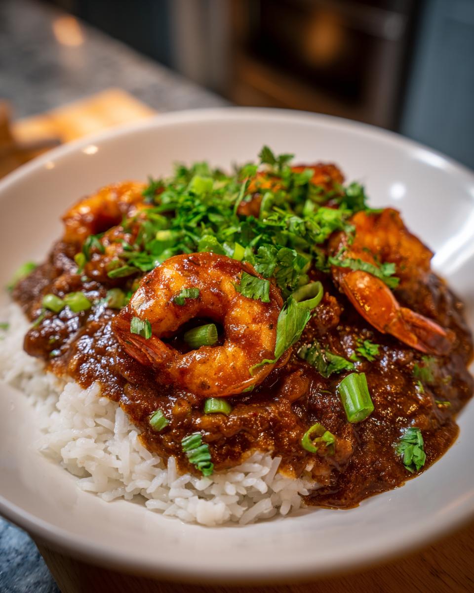 Close-up of a bowl of rich, dark shrimp etouffee served over fluffy white rice and topped with fresh green onions.