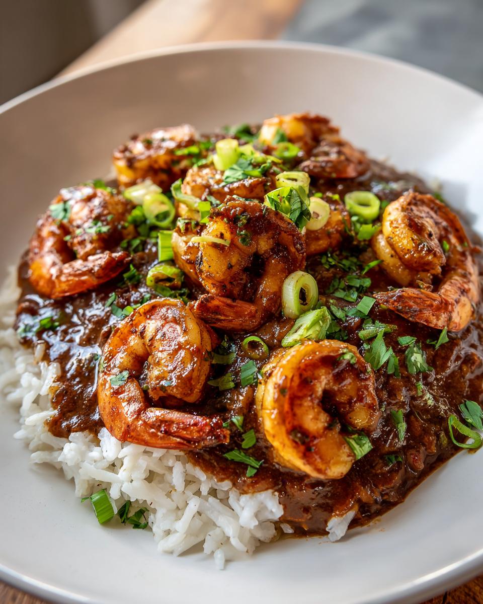 Close-up of flavorful shrimp etouffee served over a bed of fluffy white rice, garnished with green onions.