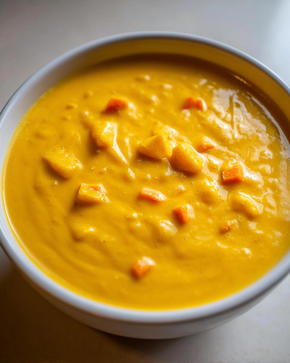 Close-up of a bowl of rich, creamy yellow cheese soup garnished with small diced orange vegetables.