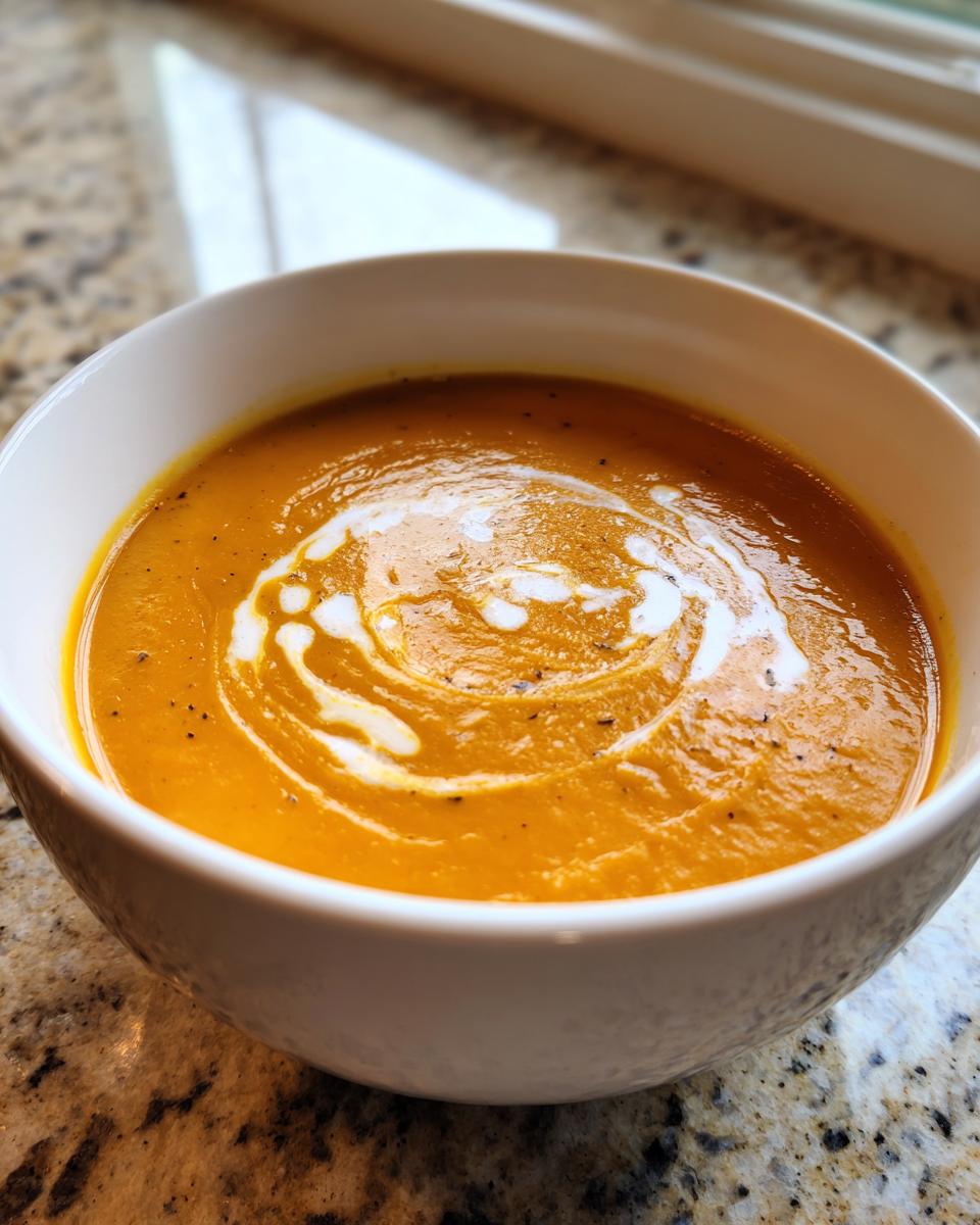 Close-up of a bowl of vibrant orange roasted butternut squash soup, swirled with cream and black pepper.
