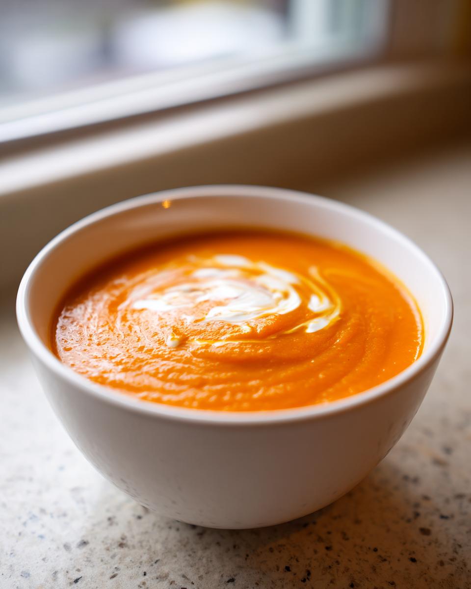 Close-up of a bowl of vibrant orange roasted butternut squash soup, swirled with cream.