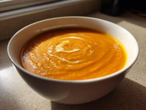 A close-up of creamy, bright orange roasted butternut squash soup topped with a swirl of cream.