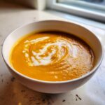 A close-up of rich, orange roasted butternut squash soup topped with a swirl of cream.