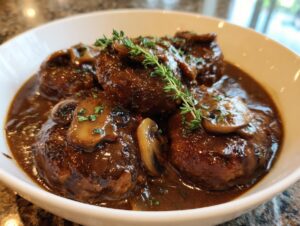 Close-up of several servings of rich Salisbury steak smothered in dark mushroom gravy and garnished with fresh thyme.