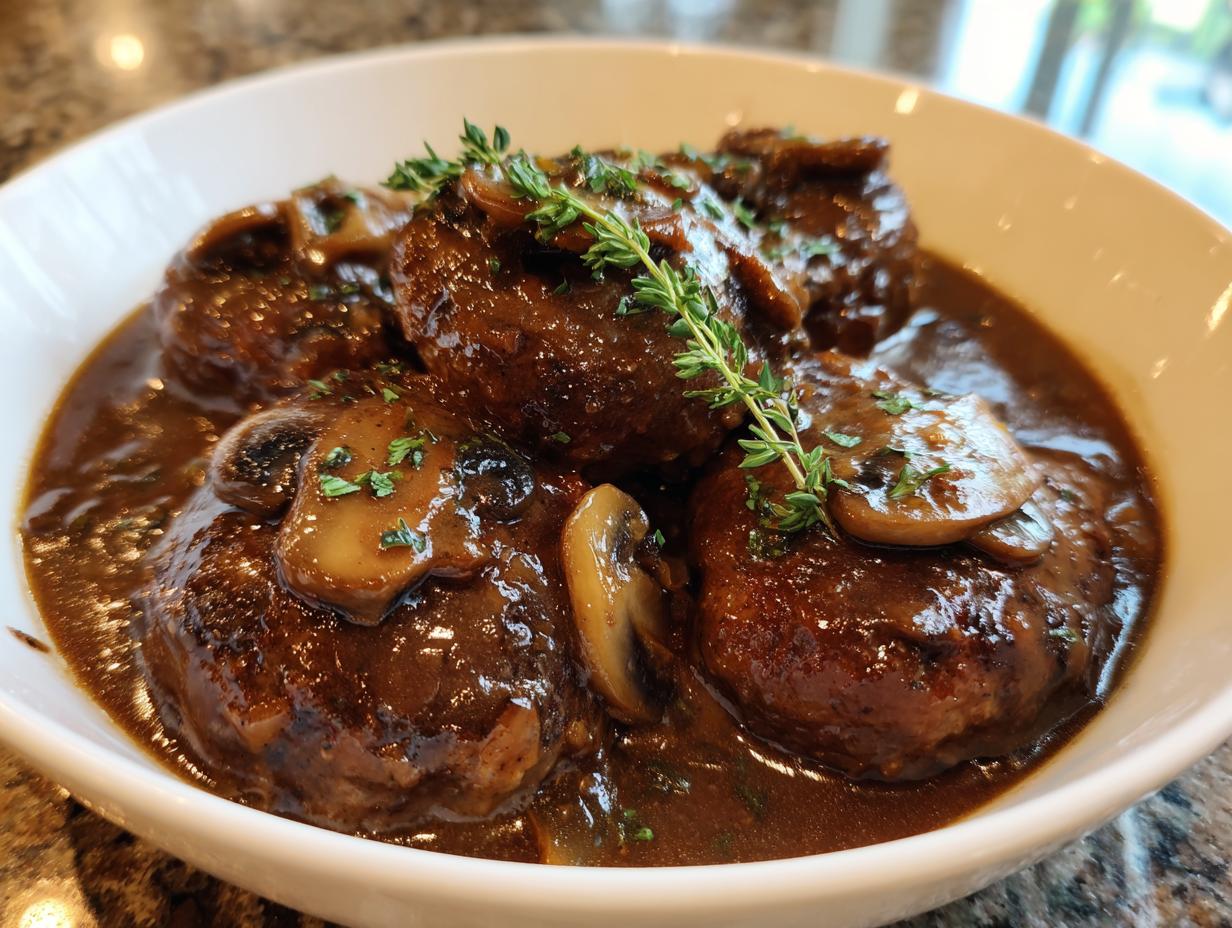 Close-up of several servings of rich Salisbury steak smothered in dark mushroom gravy and garnished with fresh thyme.