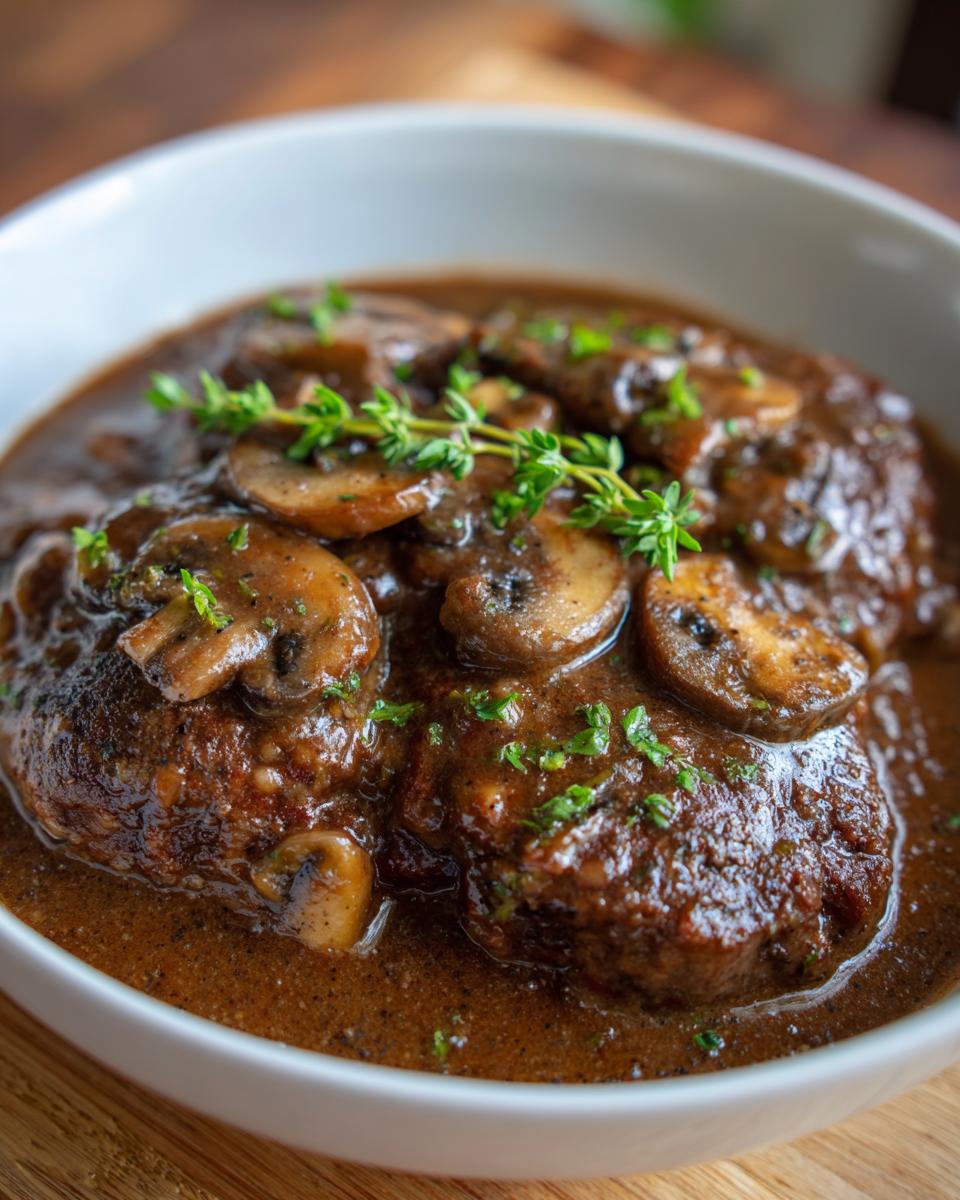 Close-up of rich Salisbury steak patties smothered in mushroom gravy and garnished with fresh thyme.
