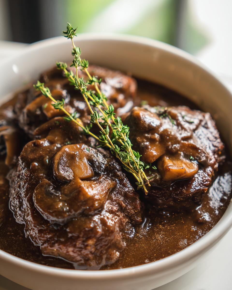 Close-up of rich Salisbury steak patties smothered in mushroom gravy and garnished with fresh thyme.