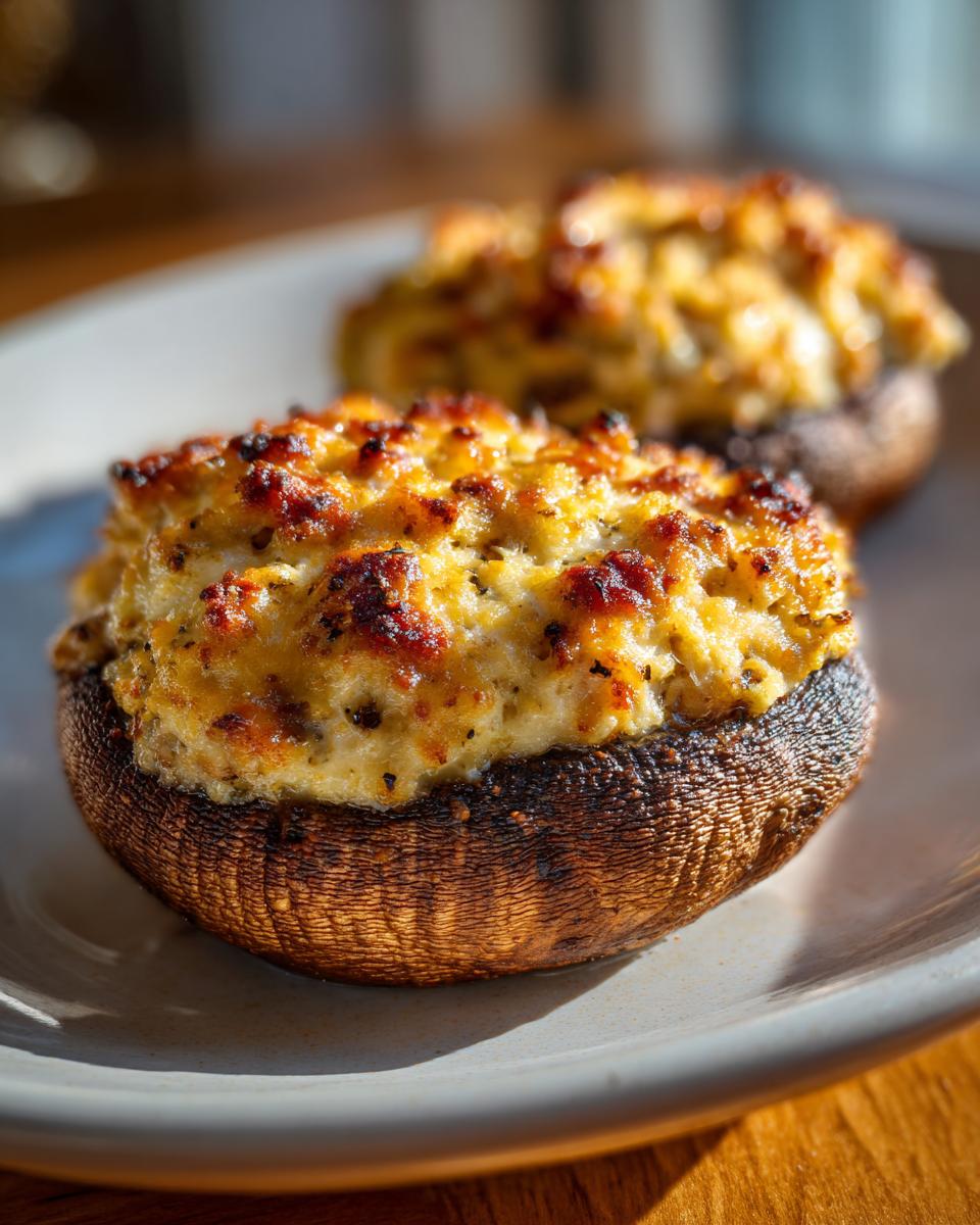 Close-up of two perfectly baked sausage stuffed mushrooms with a golden-brown, cheesy topping.