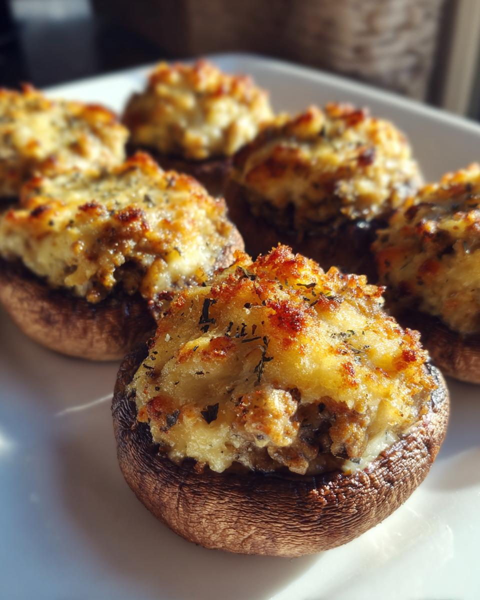 Close-up of several golden-brown, baked sausage stuffed mushrooms with a cheesy, herbed topping.